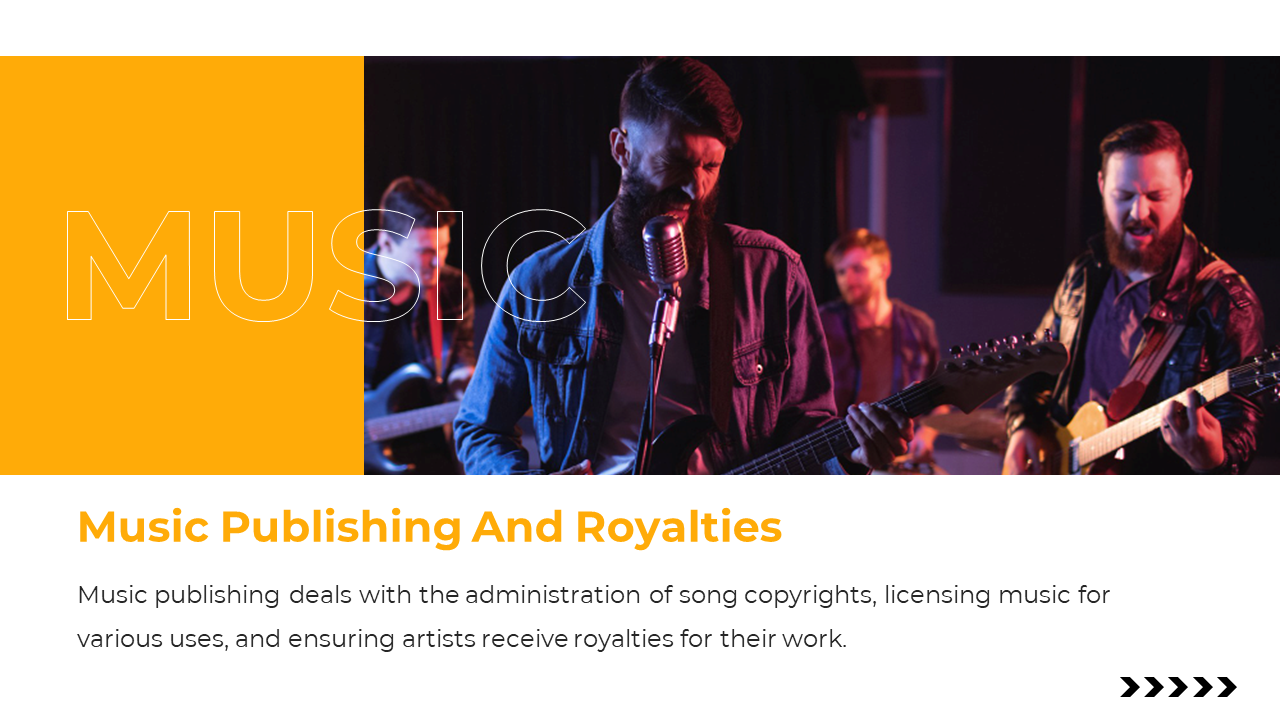 Band image on right with five musicians playing guitars, next to a bright orange block on the left with text.