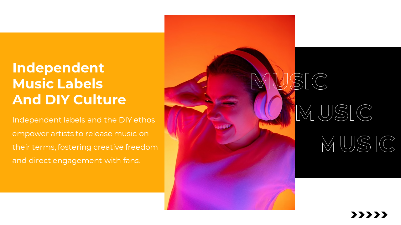 Left orange block with text beside a central image of a smiling woman in headphones, backed by red and purple lighting.