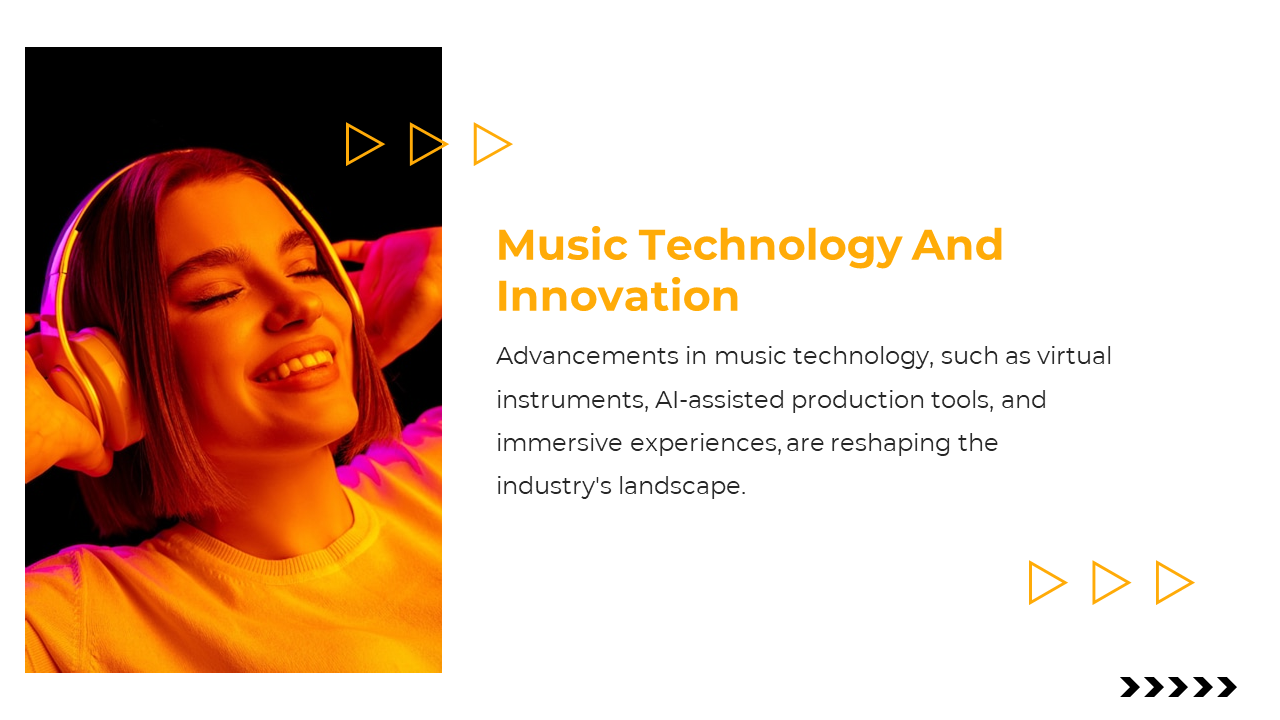A bright orange tinted photo of a woman in headphones on the left, with white background text and outlined triangles.