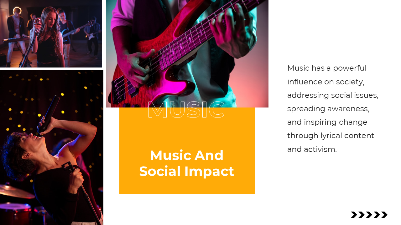 Three vivid images of musicians span the left and center, with an orange title box and text on a white right panel.