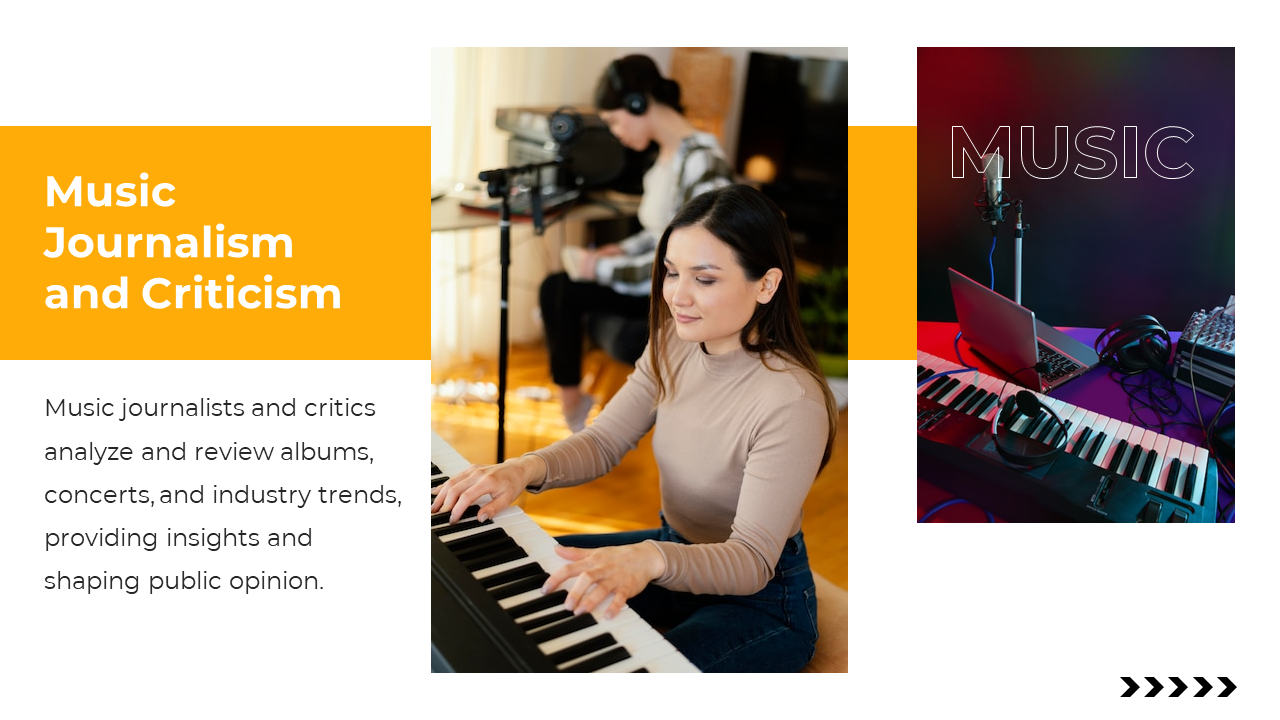 Three section slide with orange text box, central image of a woman at keyboard, and dark photo on the right.