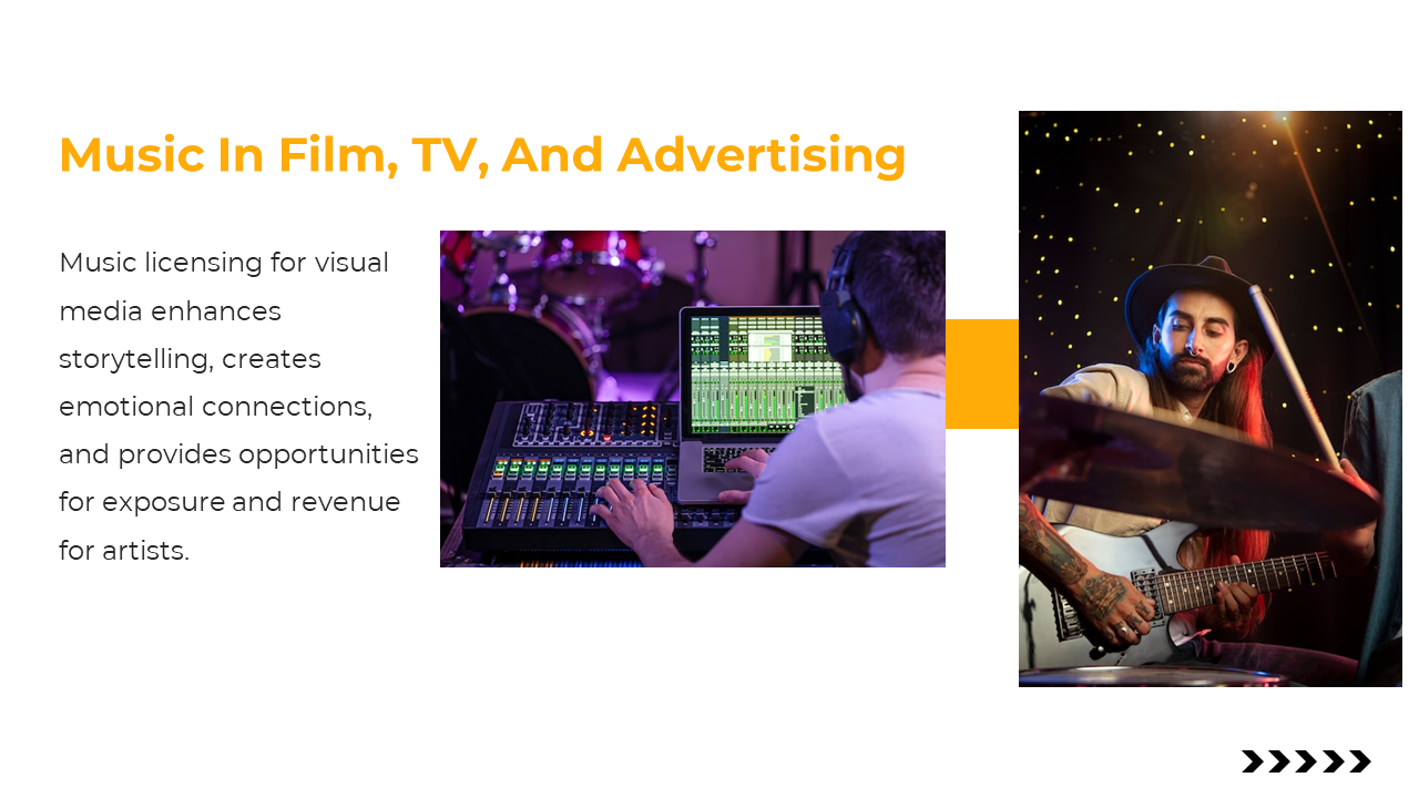 Slide with orange title is paired with colorful studio scenes of a man on a mixer and a guitarist with dramatic lighting.
