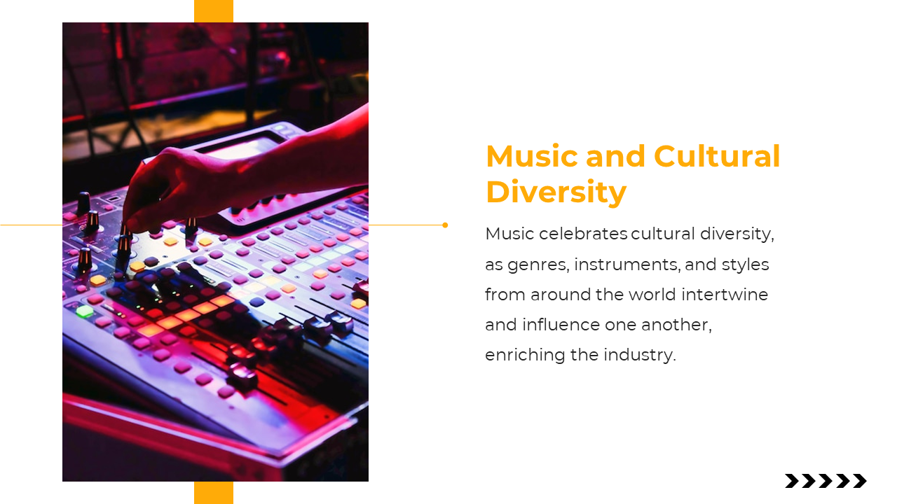 Left aligned photo of a hand on a colorful audio mixer is paired with orange highlighted text on a white background.