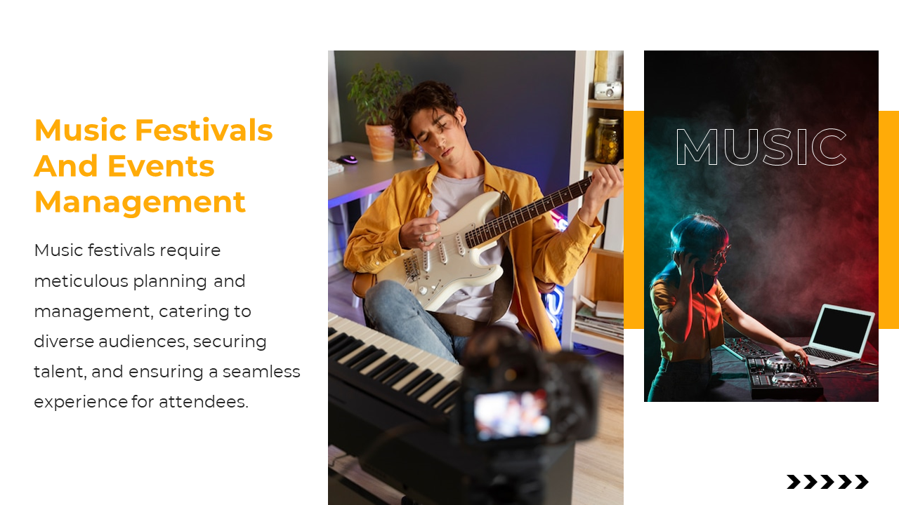 Slide with a DJ image in red and blue lighting and a casual guitarist photo beside orange title on a white background.