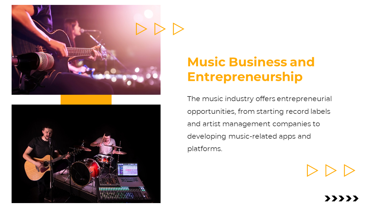 Two stacked images of guitarists and drummers appear on the left, with orange triangles and text on a white layout.