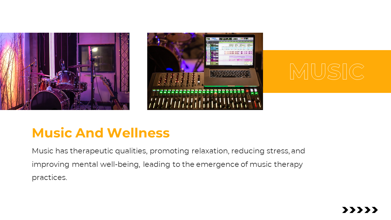 Two square photos of drums and a sound mixer, with an orange title bar and white text panels with black arrows below.