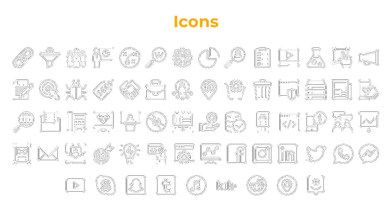 White background showing black outlined icons in five rows, beneath a bold orange title at the top.