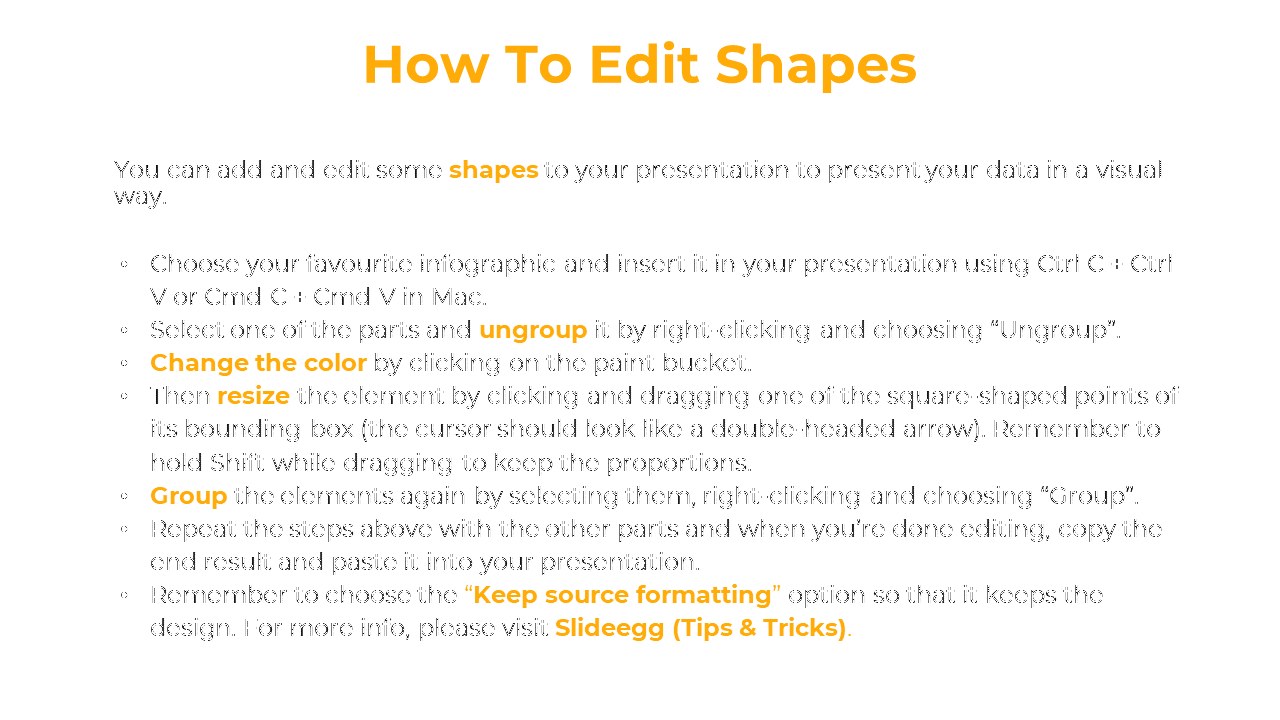 Text based layout showcasing black font in a clear bullet list under a bold orange headline, featuring shape editing steps.