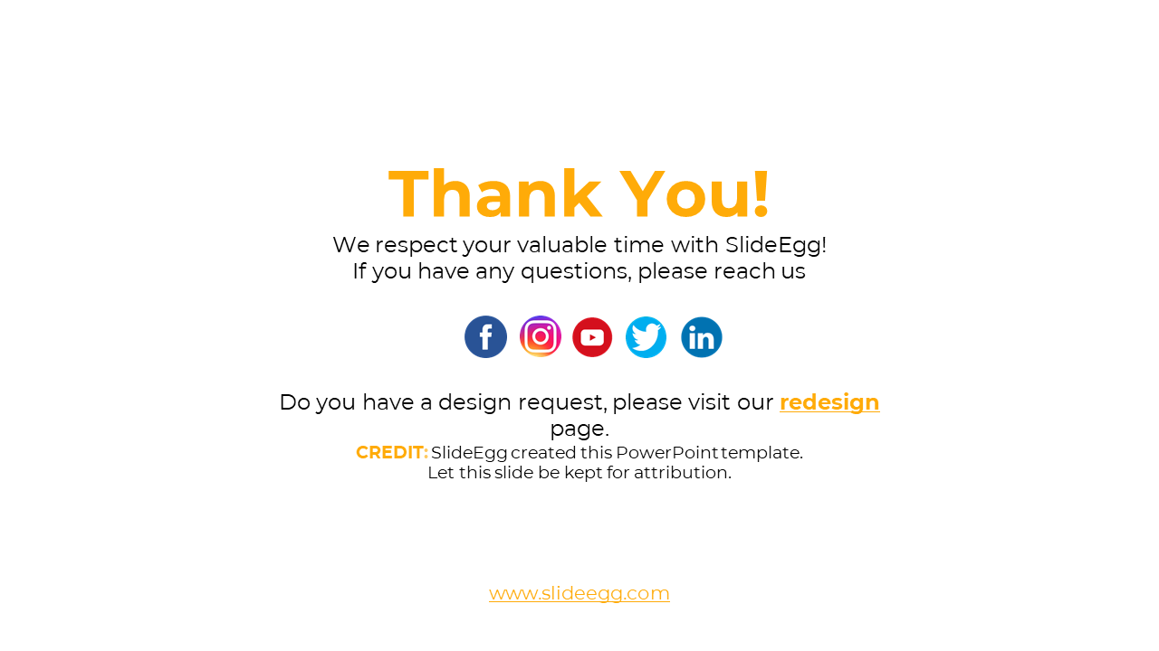 Multicolored social media icons appear beneath a yellow thank you message centered on a white background.