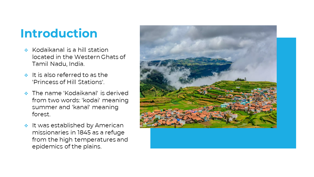 Split layout with white text section on left and vivid hillscape photo on right showing farms, houses, and rolling fog.