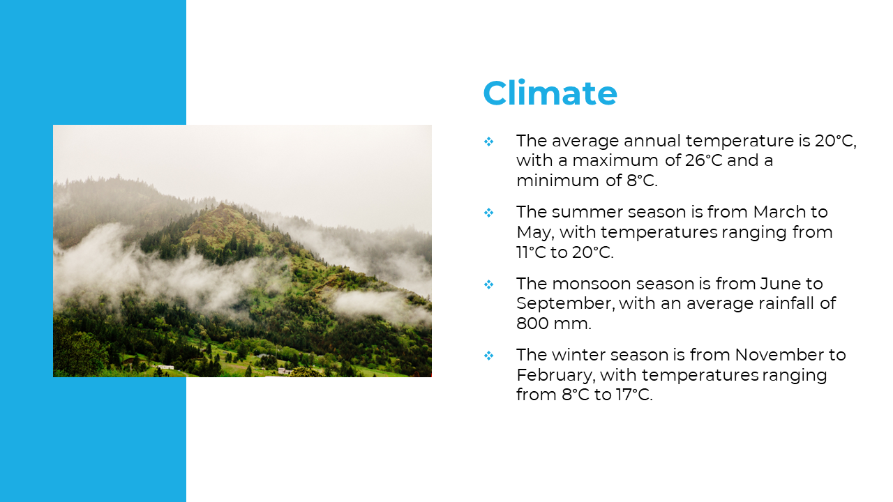 Slide with blue frame featuring mist covered forested hills on left and four bullet text points on the right white panel.