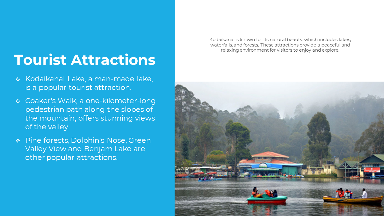 Split layout with tourist info on blue background at left and lake view with boats and forested hills on right.