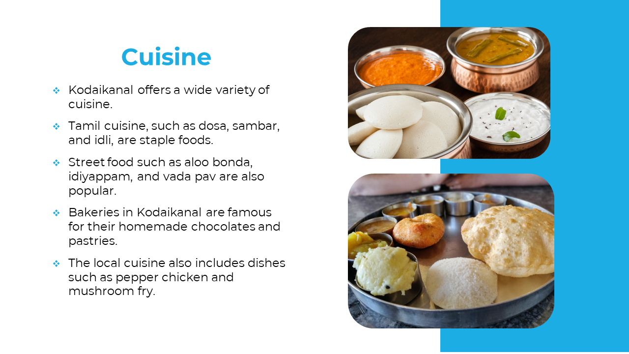Split layout with text on white left, and right has two rounded corner images showing South Indian dishes in metal plates.