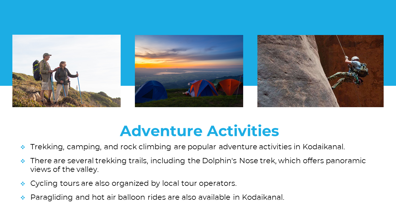 Three rectangular images show hikers, colorful tents at sunset, and a climber on a rocky wall, above text on white backdrop.