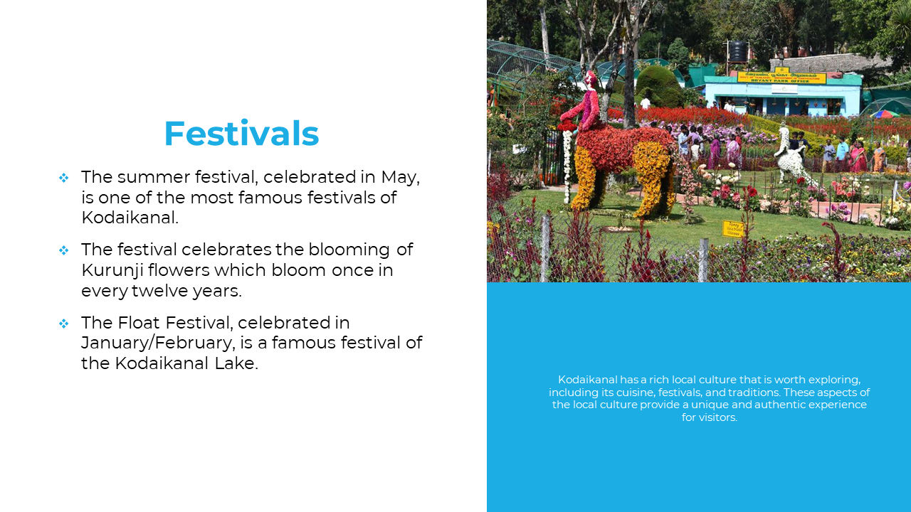 Slide shows a garden with colorful animal shaped flower sculptures, blue box below and text on the left white panel.