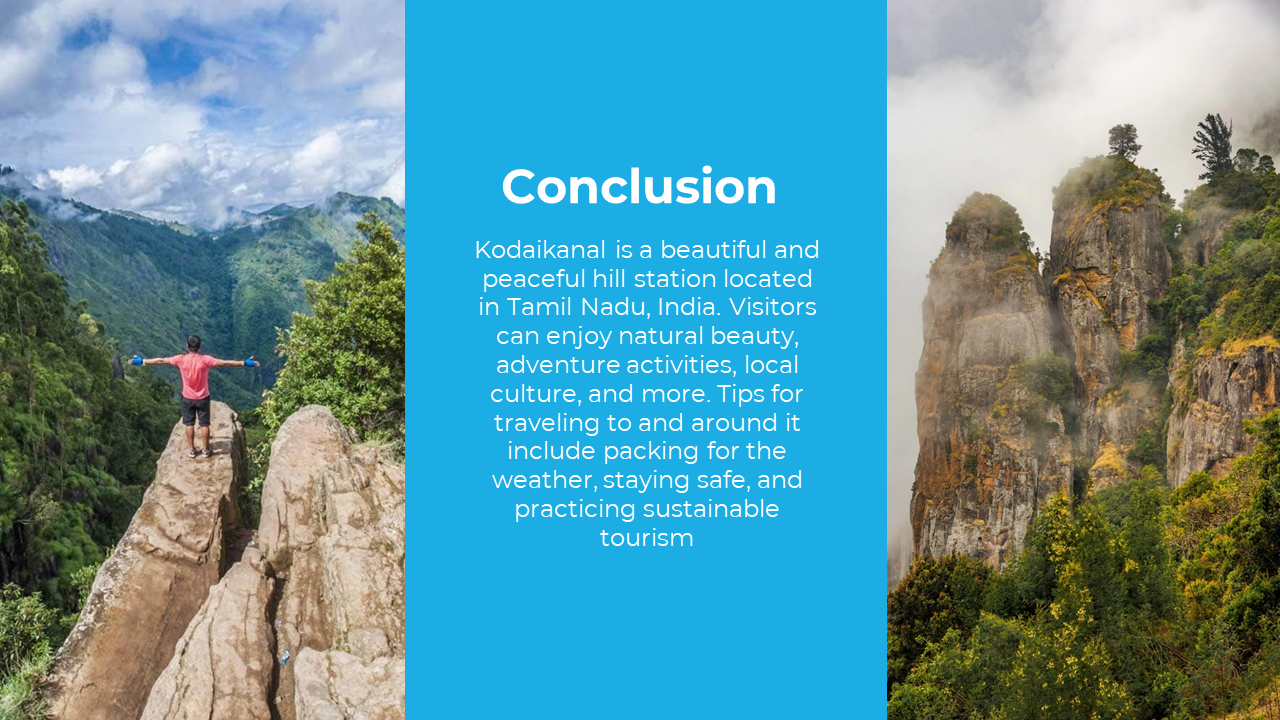 Slide showing a traveler on a rocky cliff and mist covered pillars in Kodaikanal, with a blue text text box in th middle.