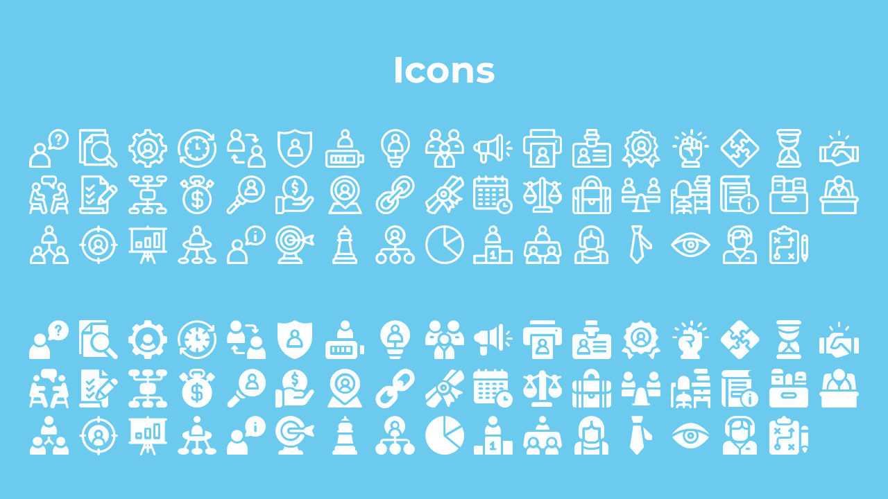 Collection of white business icons in outlined and filled styles, arranged in rows under a bold heading on blue background.