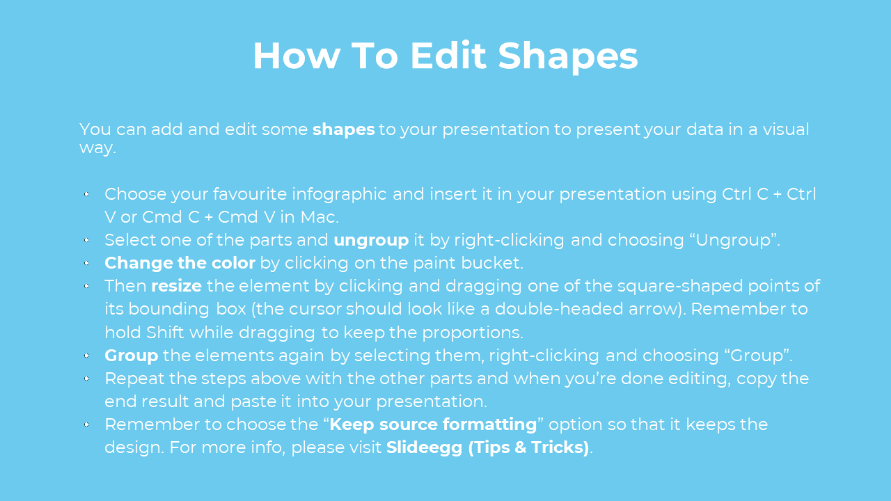 Blue slide with white title and bullet list explaining how to ungroup, resize, color, and group shapes in presentations.