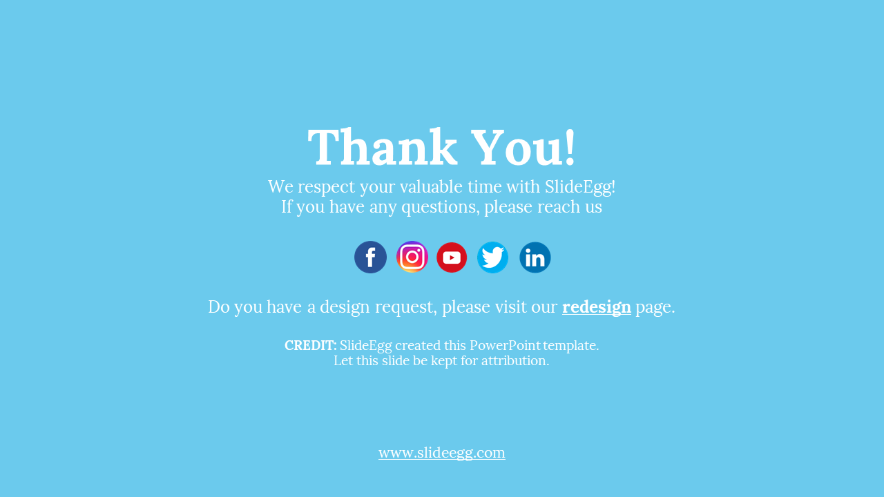 Center aligned white text on blue background with five social media icons and a small footer credit at the bottom.