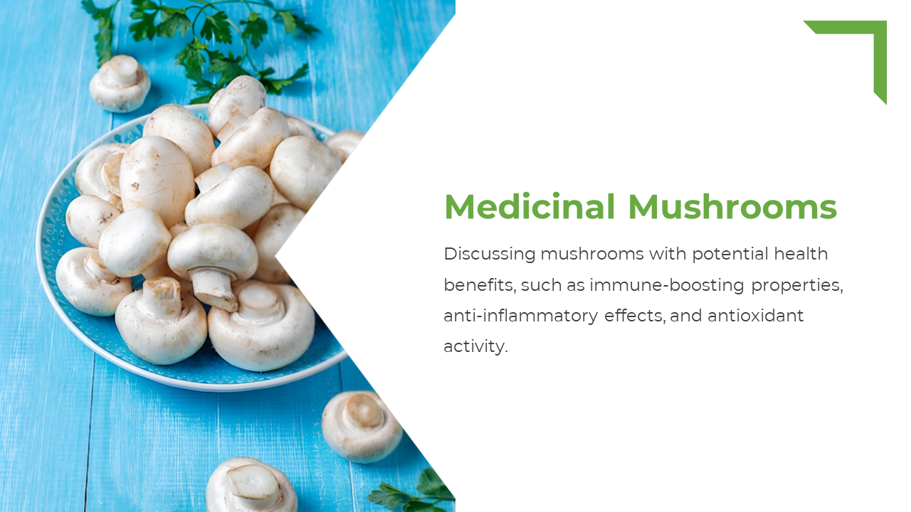 Slide with mushrooms in a bowl on blue background, cropped into angled shape, and green title with text on white right side.