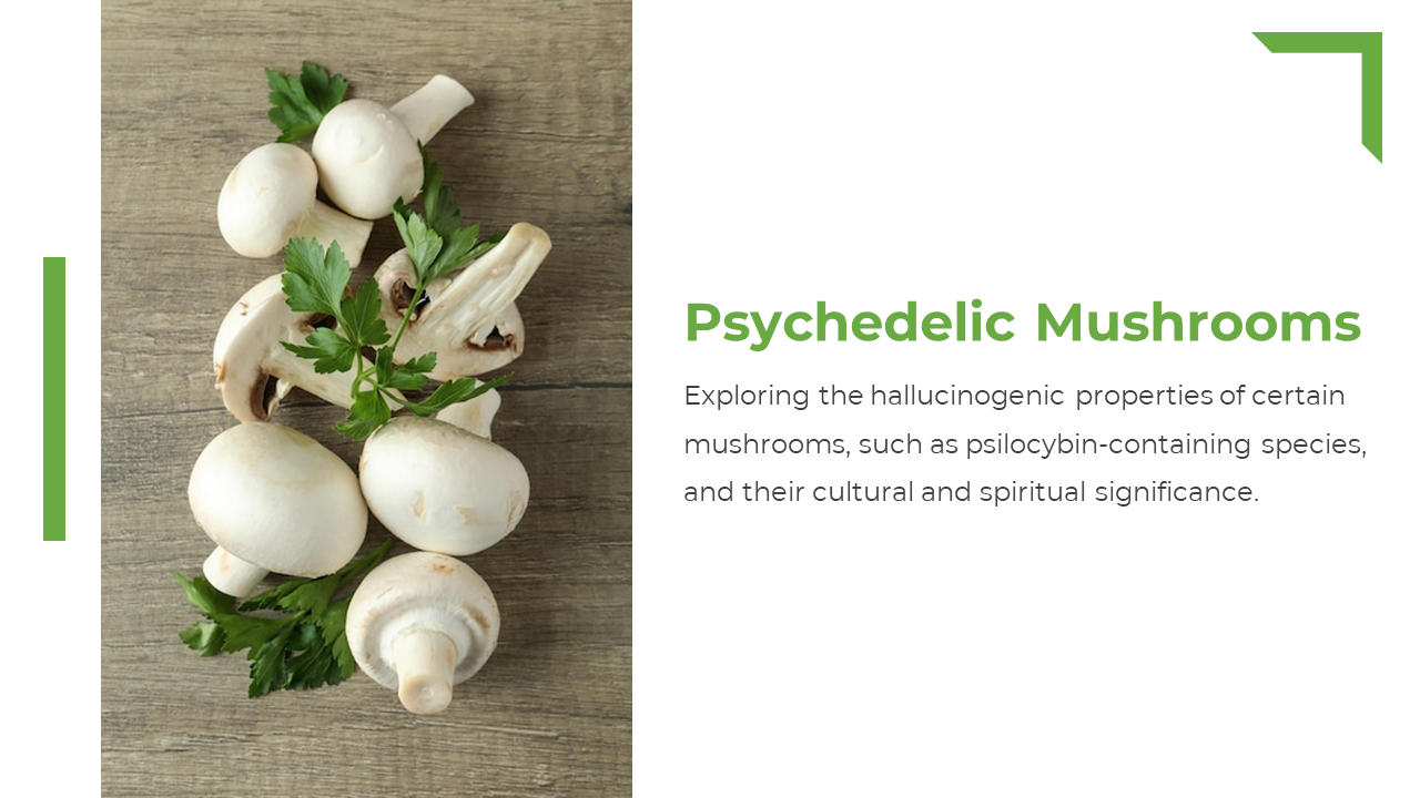 Slide with vertical photo of white mushrooms and parsley on a rustic wood, and right features green title and text on white.