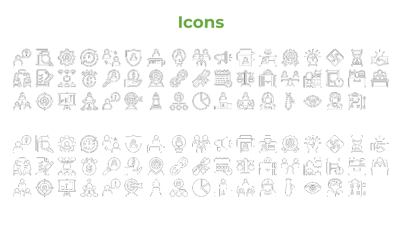 Collection of black business icons in outlined and filled styles, arranged in rows under a green title, on a white backdrop.