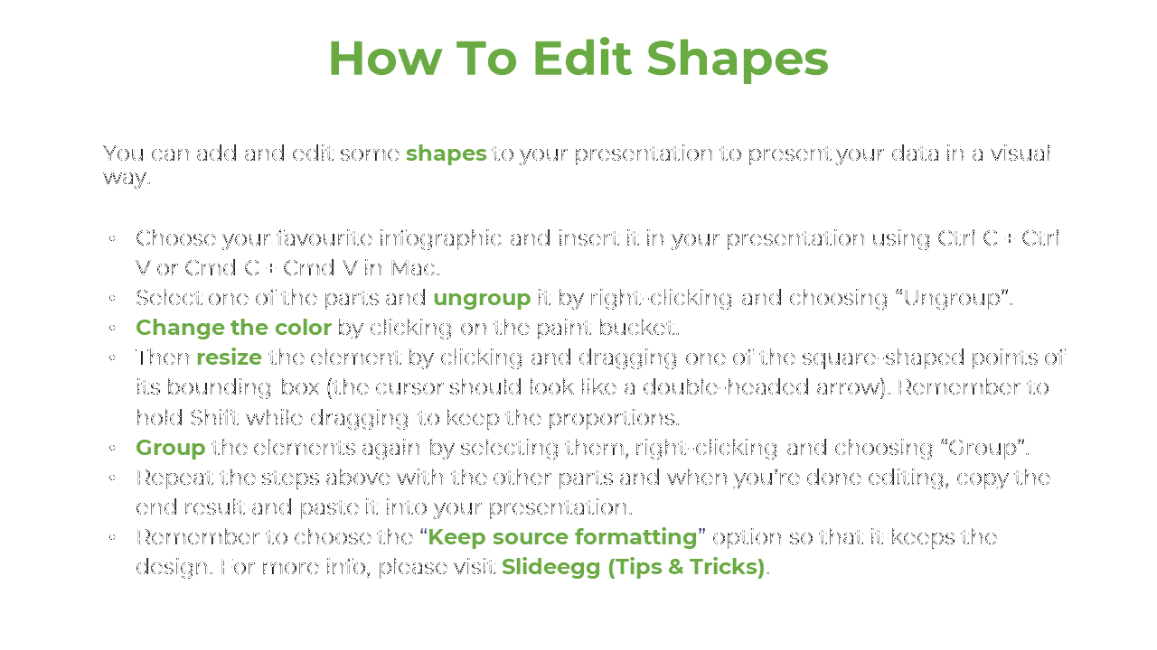 White slide with green title and bullet list explaining how to ungroup, resize, color, and group shapes in presentations.
