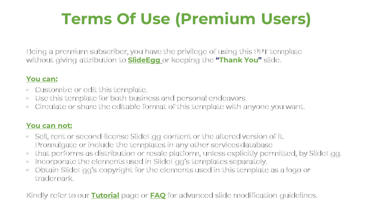 Center aligned green header with black text listing permitted and restricted uses in bullets on a white background.