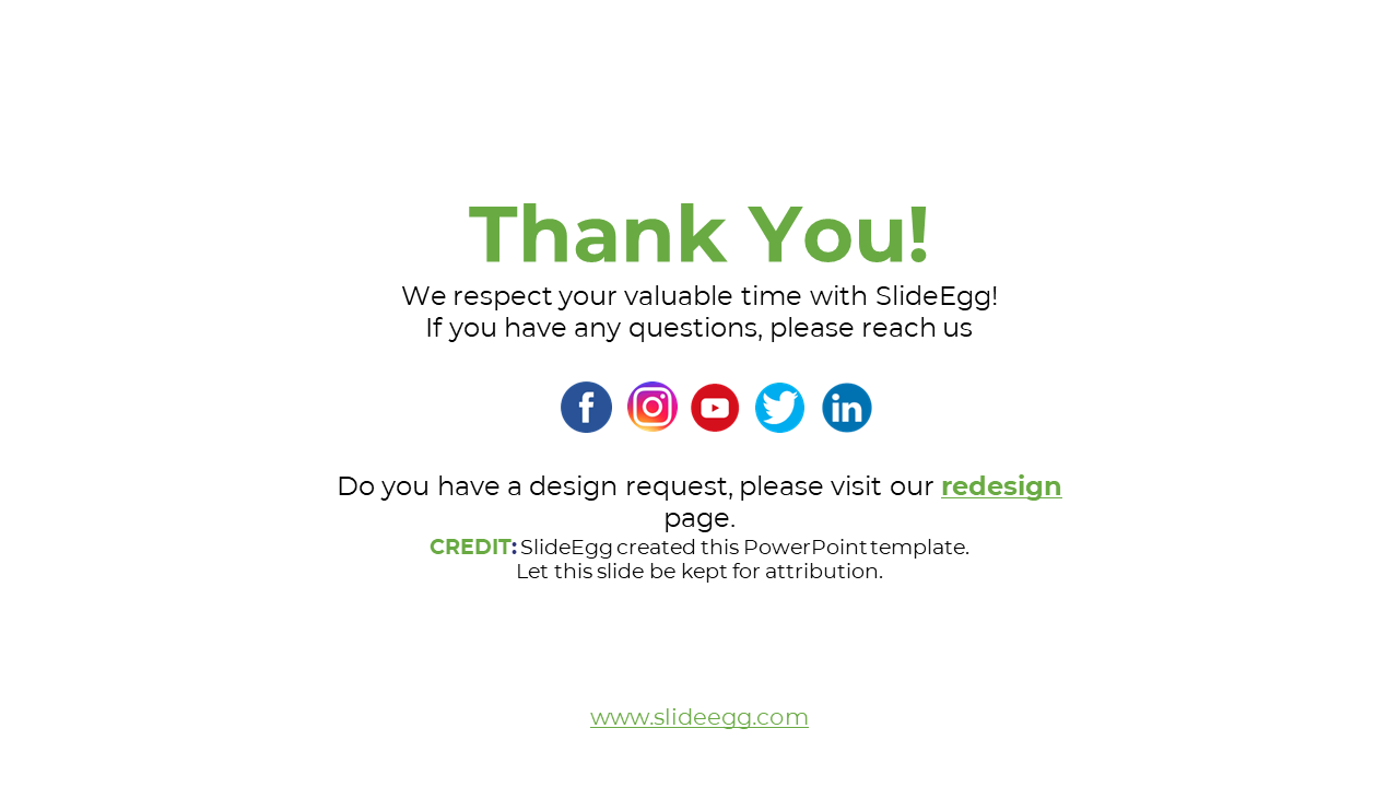 Center aligned green text on white background with five social media icons below and a small footer credit at the bottom.