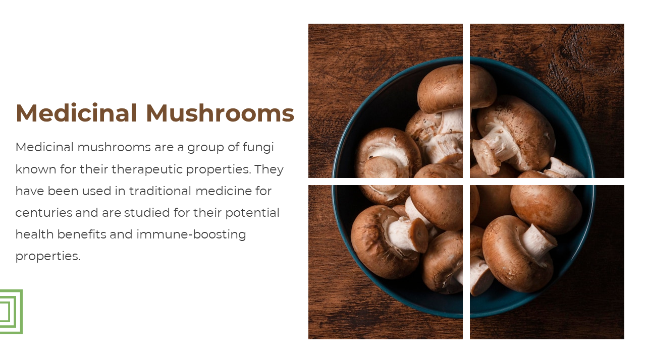 Split layout with left brown text on white and right image of mushrooms in a blue bowl over four square grid frames on wood.