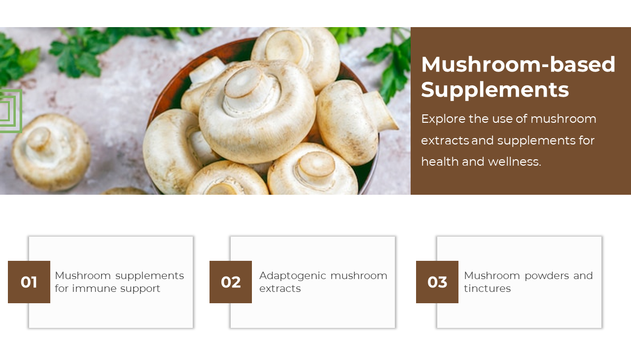 Slide with top brown panel and round mushrooms in a bowl, and three white boxes below with brown number labels.