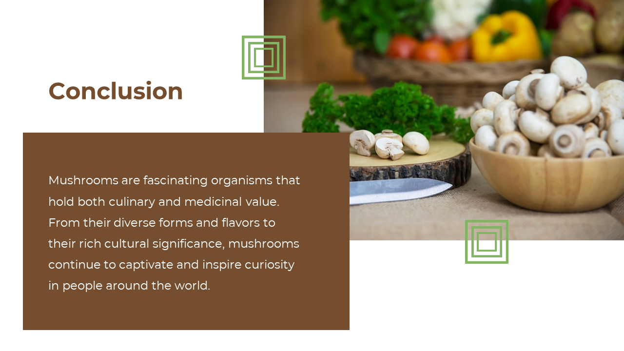 Split layout with brown left text box and right photo of mushrooms in bowls, overlaid with green outlined square icons.
