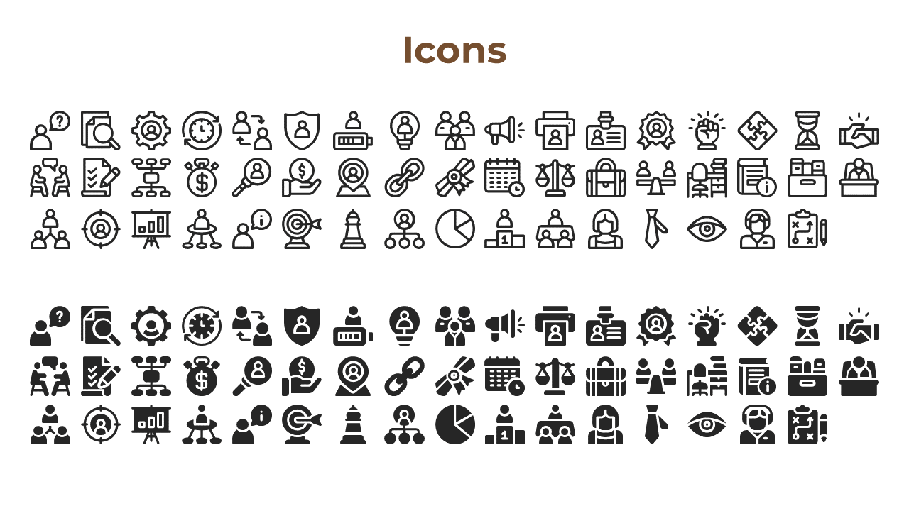 Collection of black business icons in outlined and filled styles, arranged in rows under a brown title, on a white backdrop.