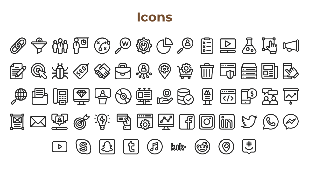 Icon slide with five rows of outlined symbols like graphs, gears, computers, users, and logos under a bold brown title.