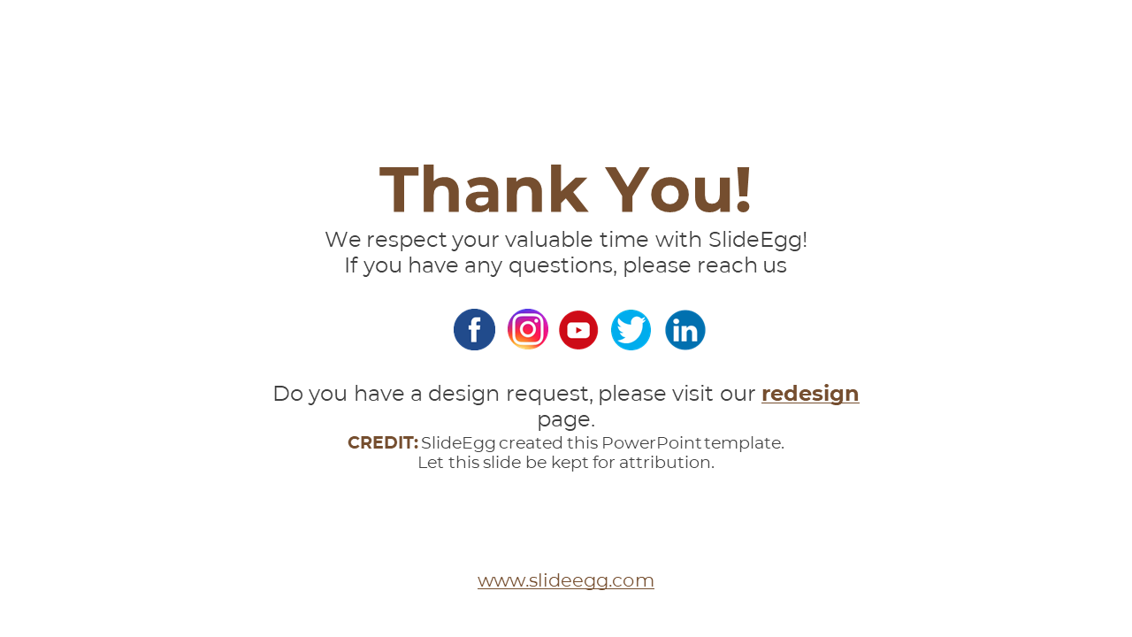 Center aligned brown text on white background with five social media icons below and a small footer credit at the bottom.