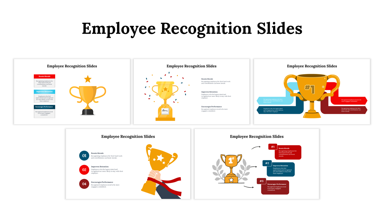 Collection of employee recognition PowerPoint slides, featuring colorful trophies and charts with descriptions.