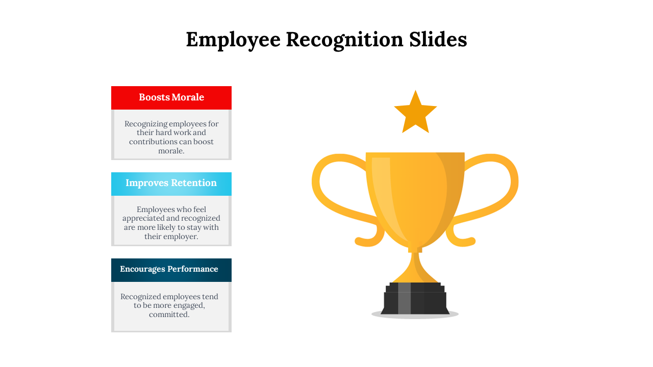 PowerPoint slide featuring an employee recognition trophy with three key benefits on a white backdrop.