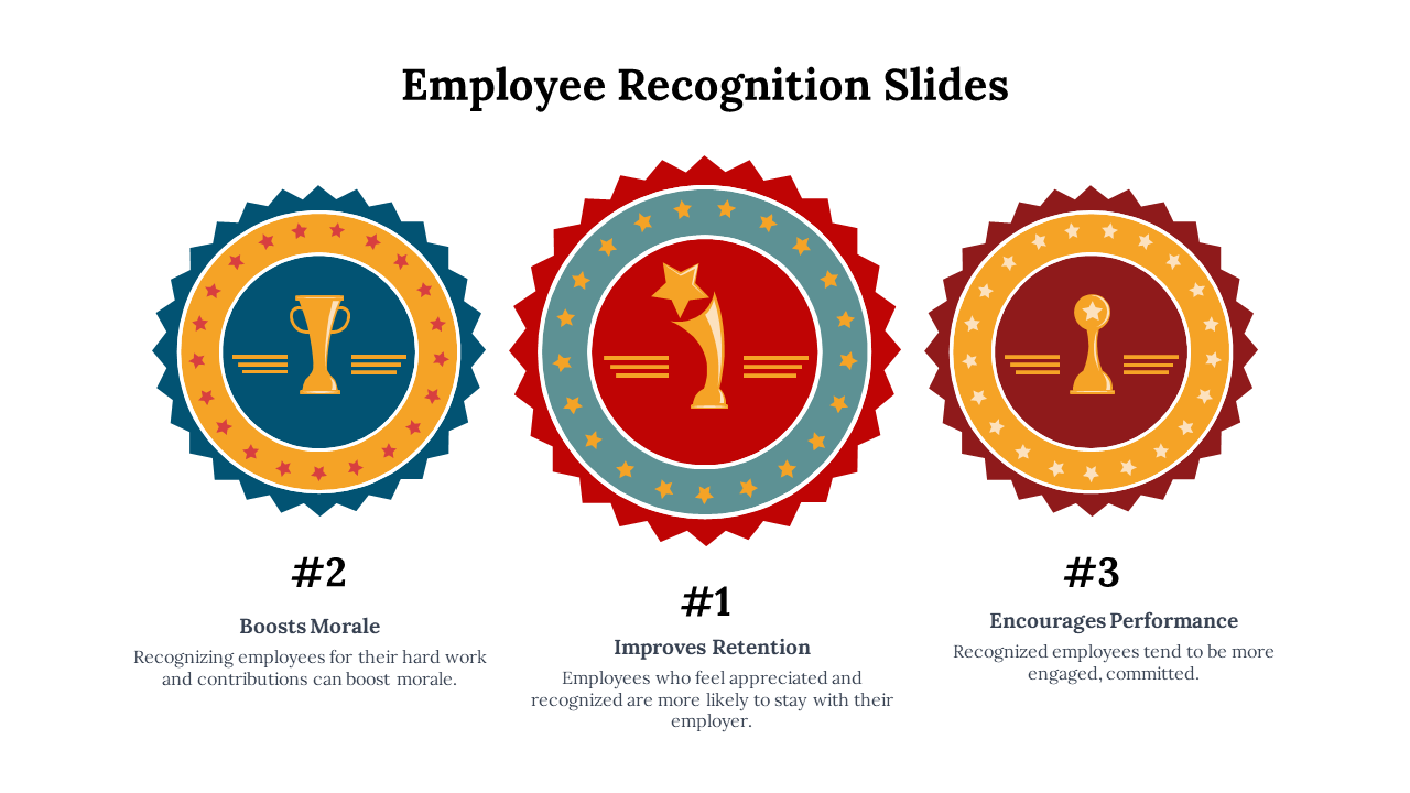 Employee recognition slide featuring three colorful awards with numbers and descriptions on a white backdrop.
