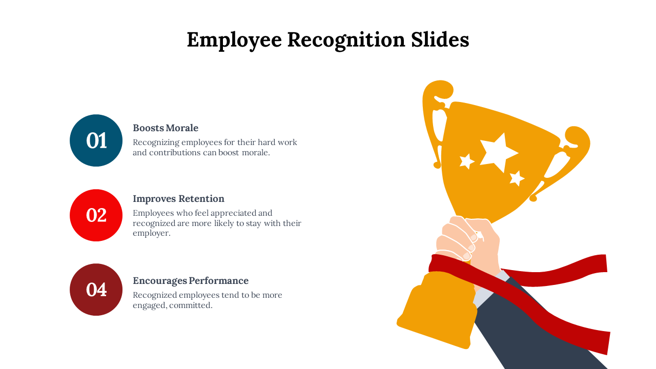 Employee recognition slide featuring a golden trophy held by a hand with red ribbons, accompanied by points on a white theme.