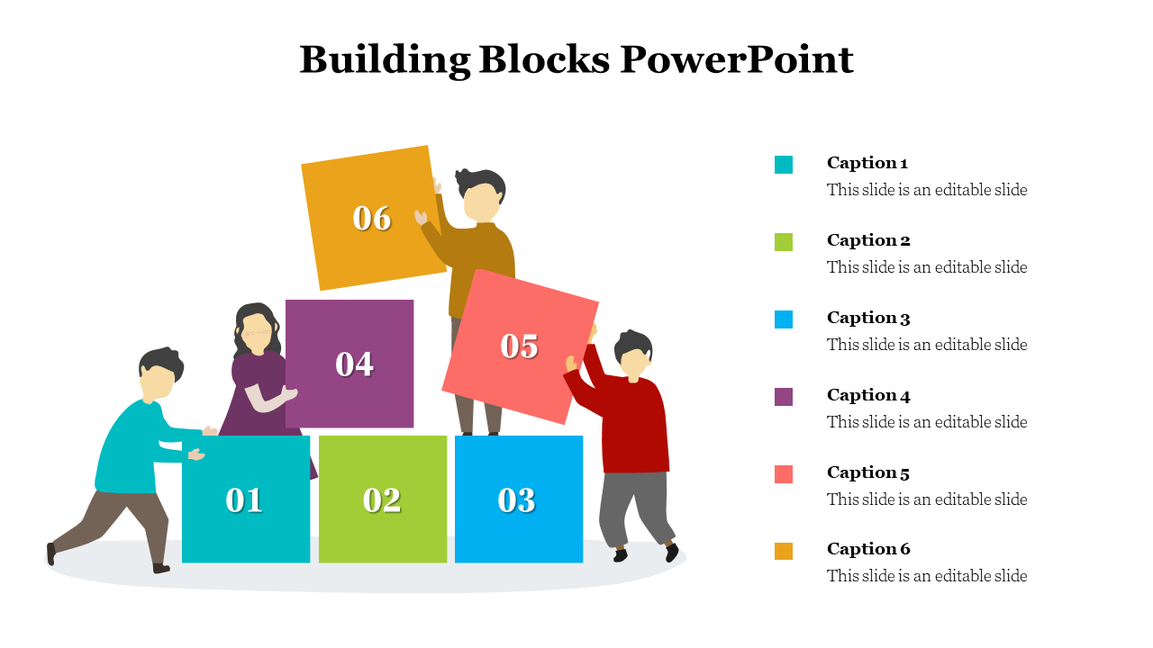 Building blocks PowerPoint slides showcasing colorful blocks and figures representing teamwork in different layout designs.