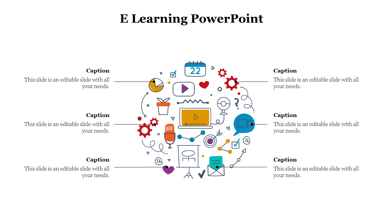 Centered group of online learning icons like play button, board, chat bubble, and settings gear with six caption pointers.