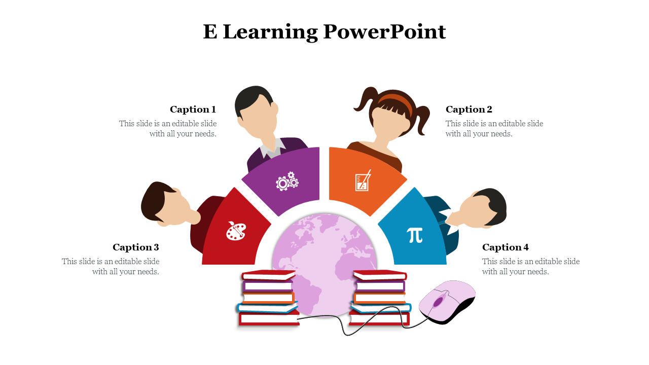 Four students' heads above colorful subject icons in a semicircle, with books, globe, and mouse at the bottom.