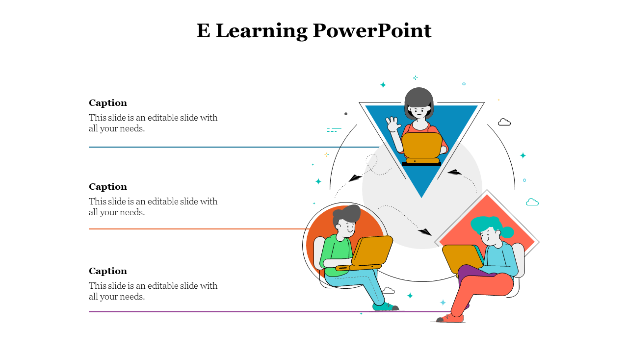Cartoon students on laptops inside blue triangle, orange circle, and pink diamond, with matching horizontal captions.