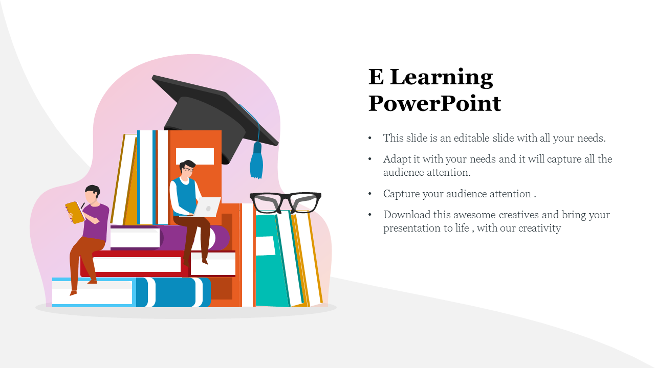 Students sitting on a tall stack of books, with a graduation cap, eyeglasses, and notebook, beside e-learning bullet points.