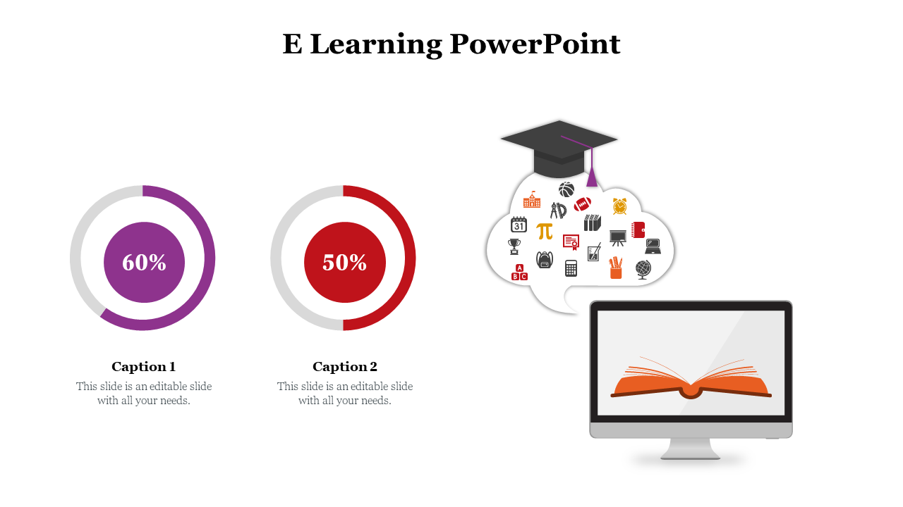 Learning concept with dual progress indicators, cap-topped bubble of subject icons, and a computer with open textbook.