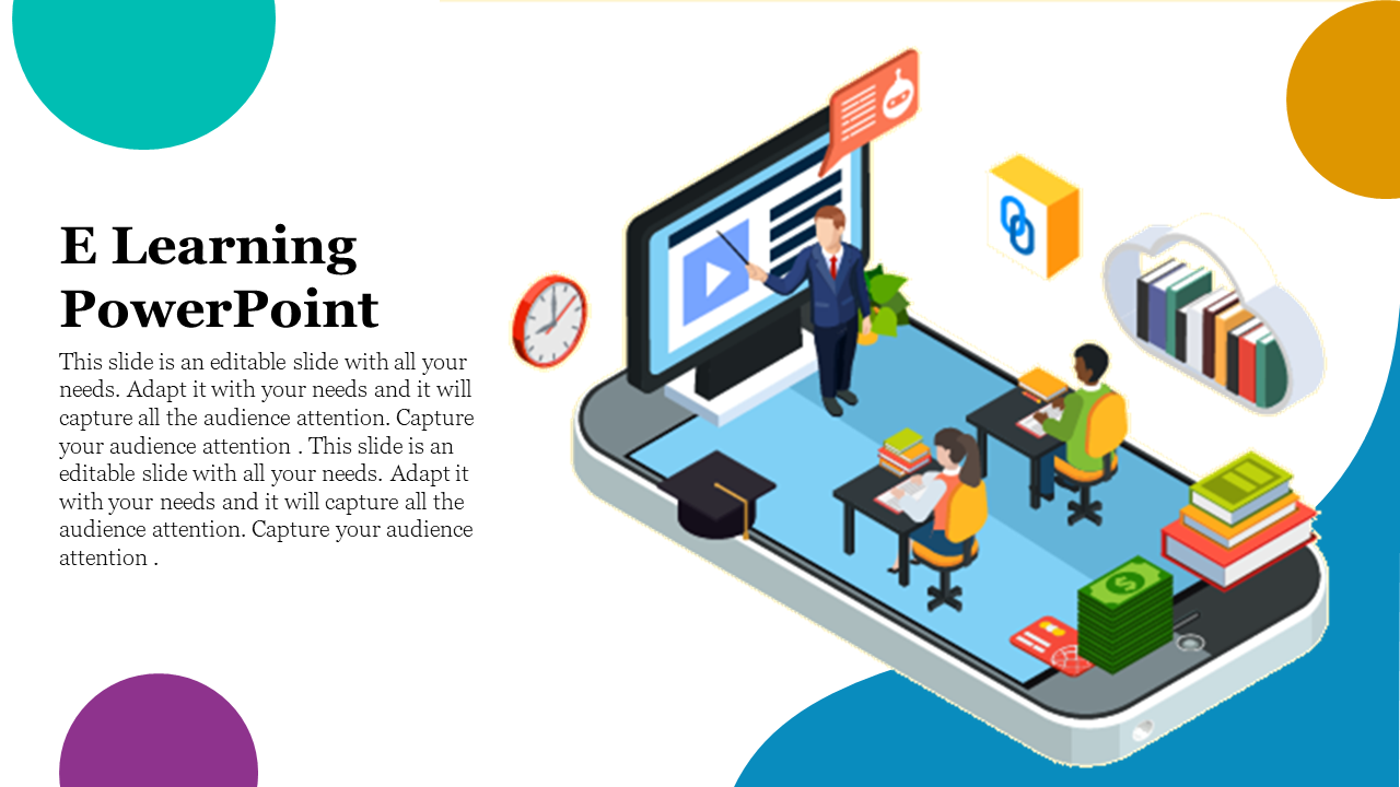 Digital classroom built on a mobile phone with desks, instructor, books, cloud storage, and a presentation screen.