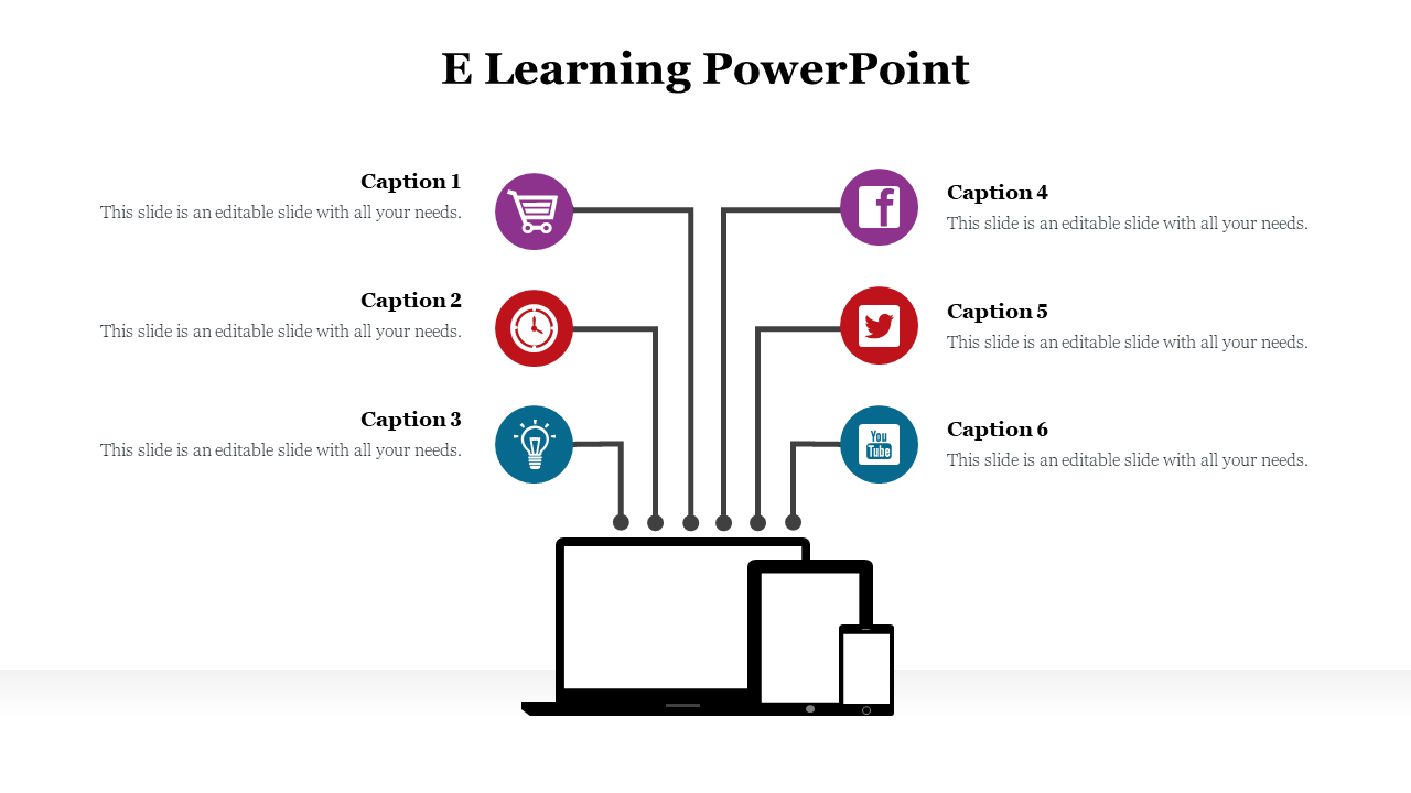 Digital learning graphic with connected icons for e-commerce, creativity, and social platforms around three devices.