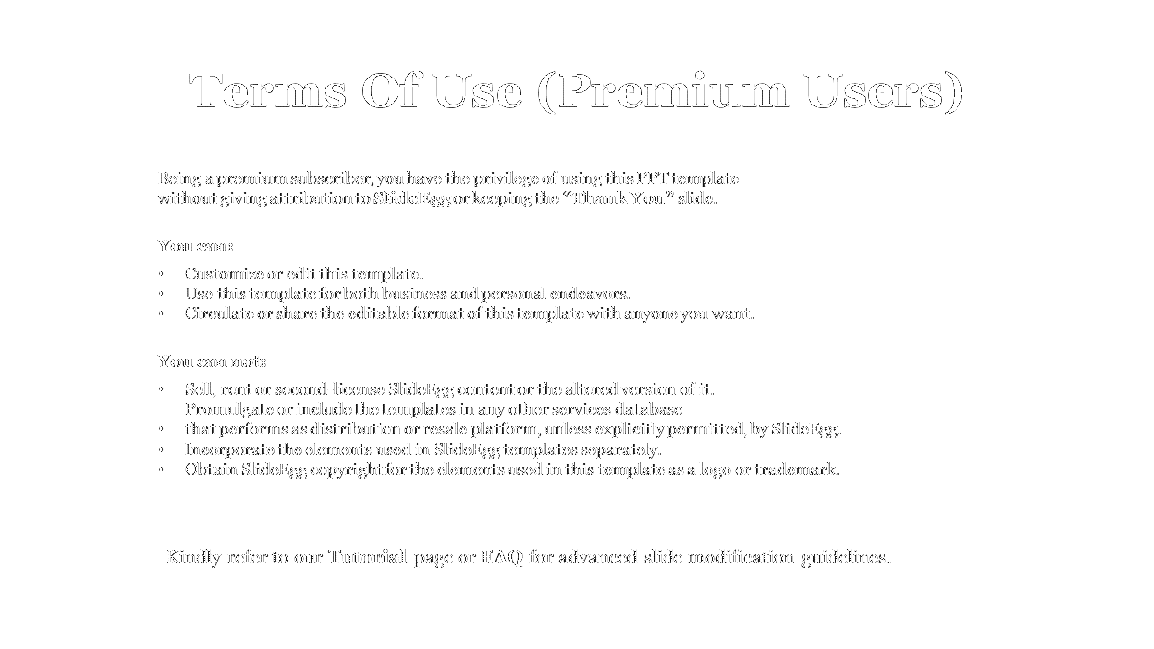 Premium user terms slide with usage right, sharing permissions, and restrictions on resale and copyright of SlideEgg content.