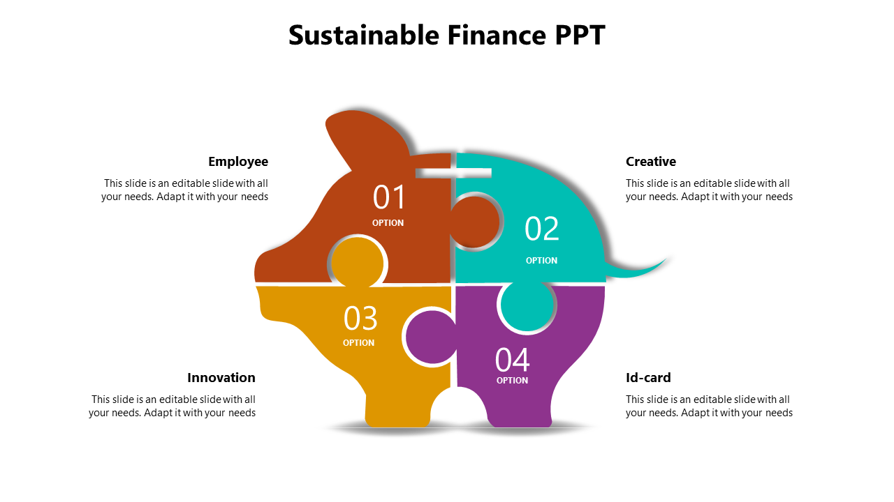 Central piggy bank puzzle graphic divided into four segments with labels and editable text on each corner of the slide.