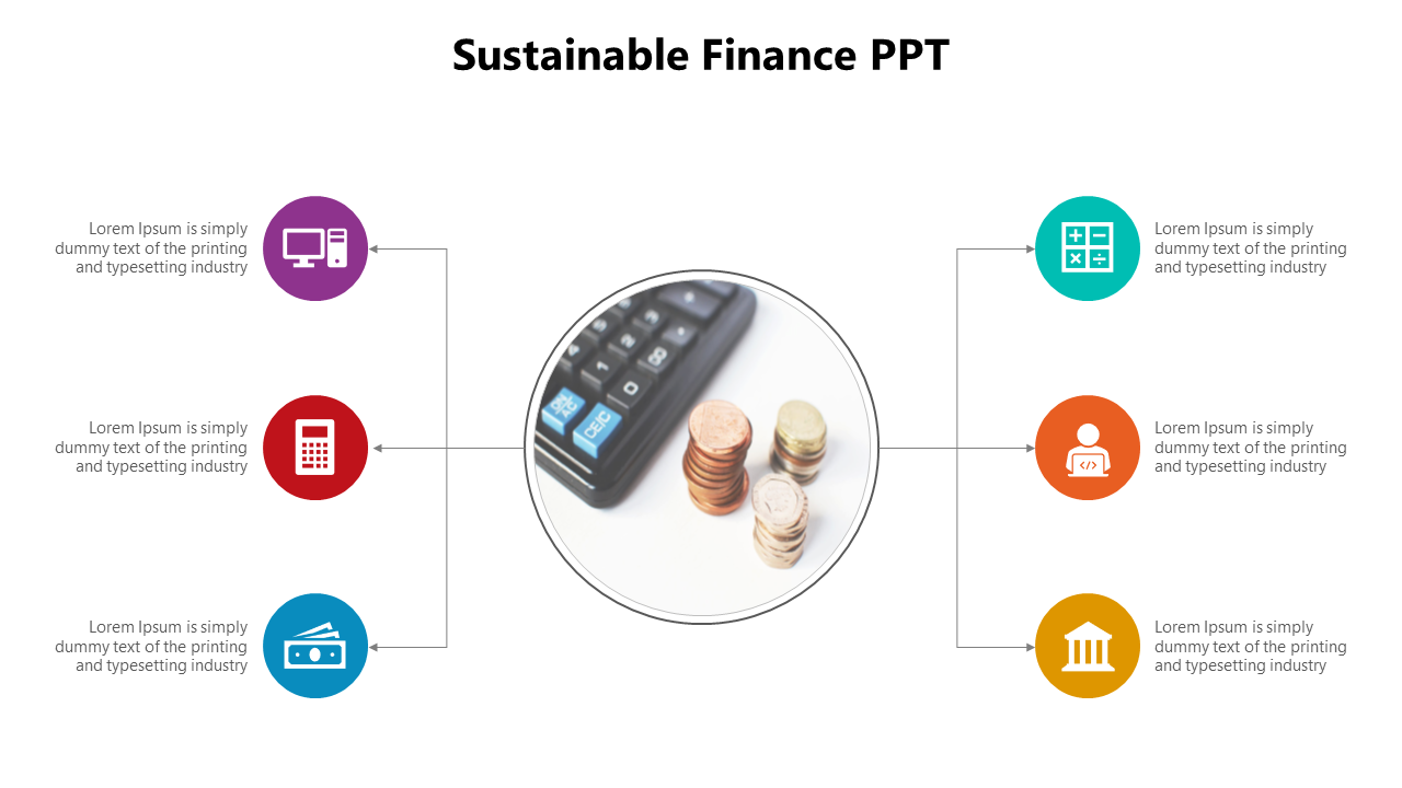 Diagram with a circle showing coins and calculator, connected to three icons on each side representing financial tools.